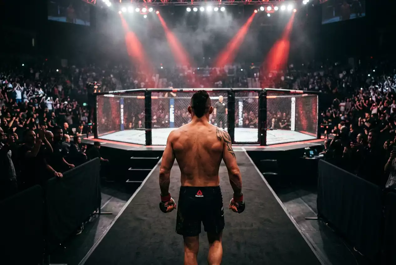 MMA fighter stepping into a dark octagon under red spotlights before a championship bout