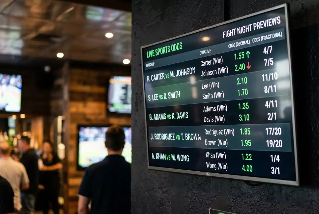 Close-up of a sportsbook display screen showing fight odds in fractional and decimal formats