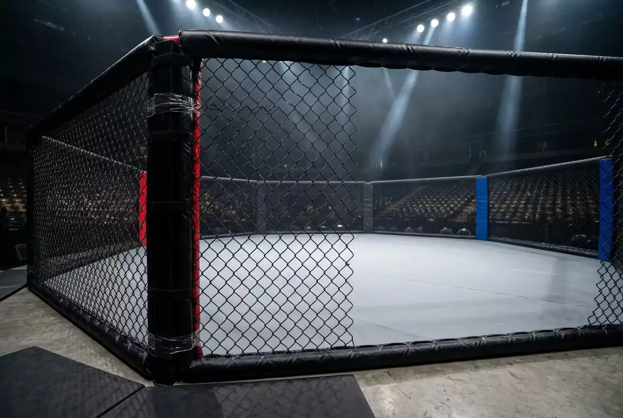 Empty MMA octagon with UFC branding under arena lights before an event begins