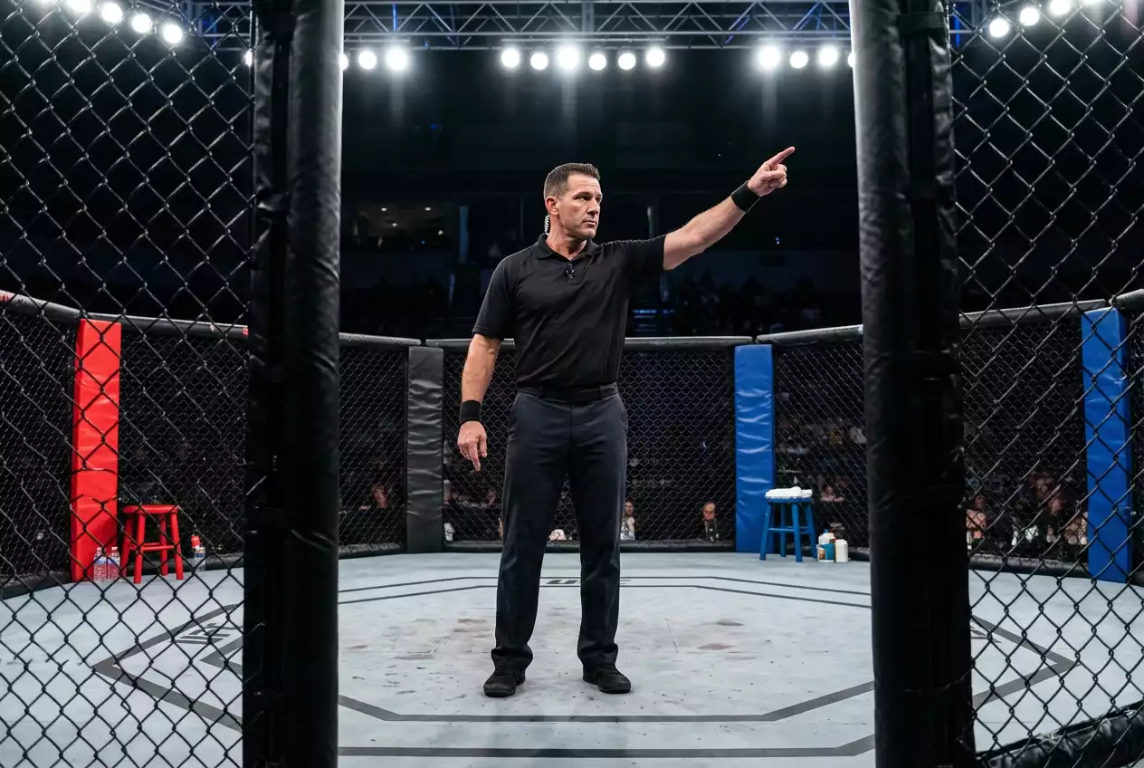 Referee standing inside an MMA cage checking a fighter before a bout under official oversight